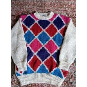 Vintage 80s Mohair Blend Sweater Color Block Crystal Sportwear Size L